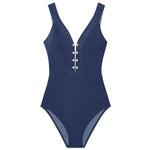 'Bonnie' Blue Plunge Swimsuit, by Pain de Sucre (pack shot, front view).