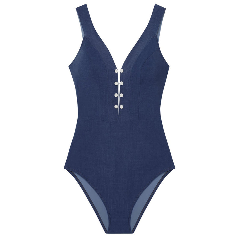 'Bonnie' Blue Plunge Swimsuit, by Pain de Sucre (pack shot, front view).