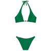 Model wearing 'Chan/Carli' Jade Halterneck Triangle Bikini Set, by Pain de Sucre (pack shot, front view).