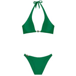 Model wearing 'Chan/Carli' Jade Halterneck Triangle Bikini Set, by Pain de Sucre (pack shot, front view).