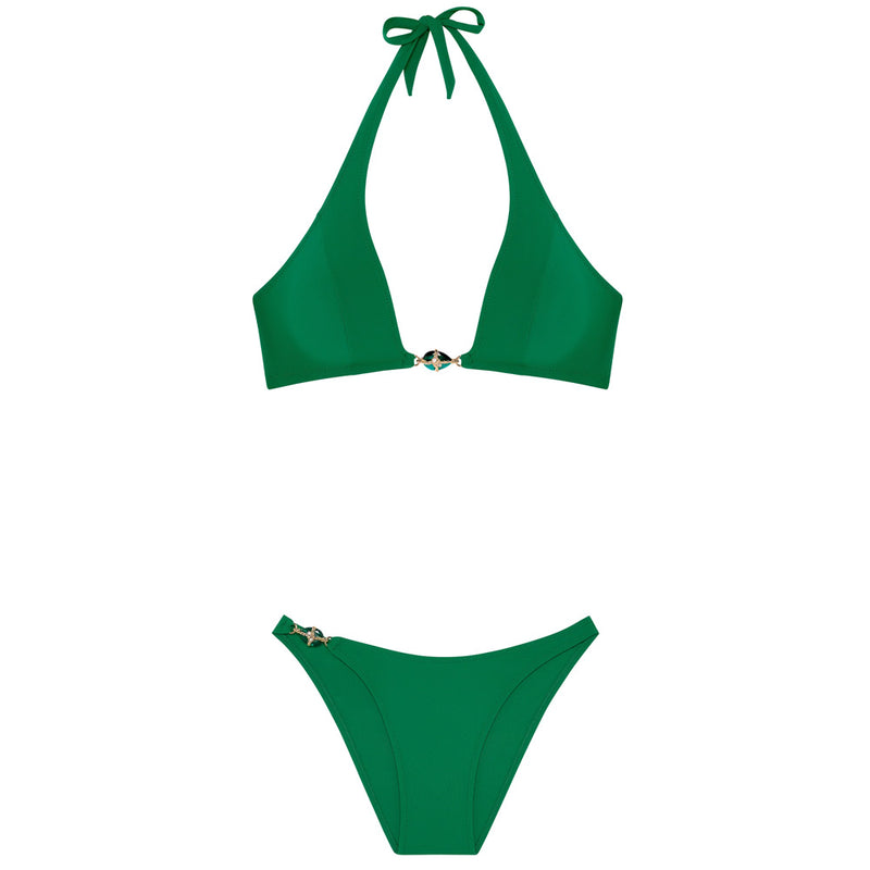 Model wearing 'Chan/Carli' Jade Halterneck Triangle Bikini Set, by Pain de Sucre (pack shot, front view).
