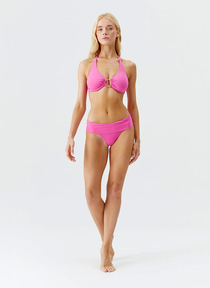 Model wearing 'Brussels' Watermelon Pink Halterneck Bikini Set, by Melissa Odabash.