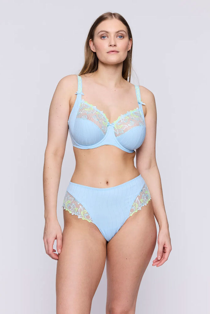 Model wearing 'Deauville' Milky Blue Full Cup Bra and brief, by PrimaDonna (front view).