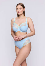 Model wearing 'Deauville' Milky Blue Full Cup Bra and brief, by PrimaDonna (side view).