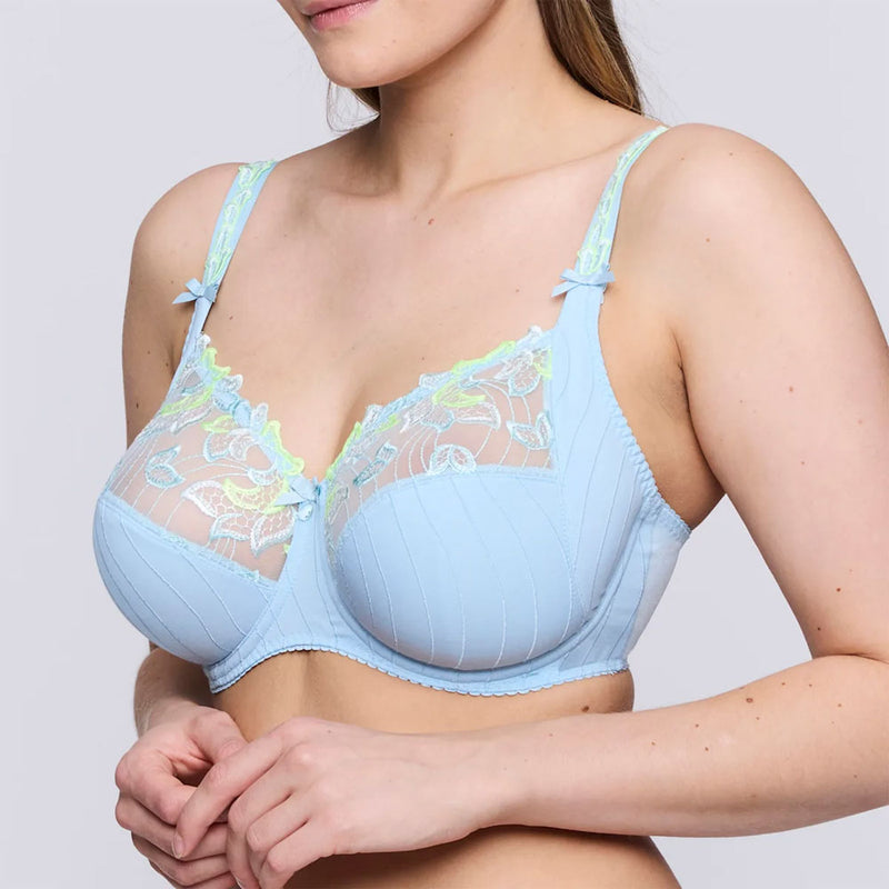 Model wearing 'Deauville' Milky Blue Full Cup Bra, by PrimaDonna (side view).