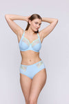 Model wearing 'Deauville' Milky Blue Full Brief and bra, by PrimaDonna (front view).