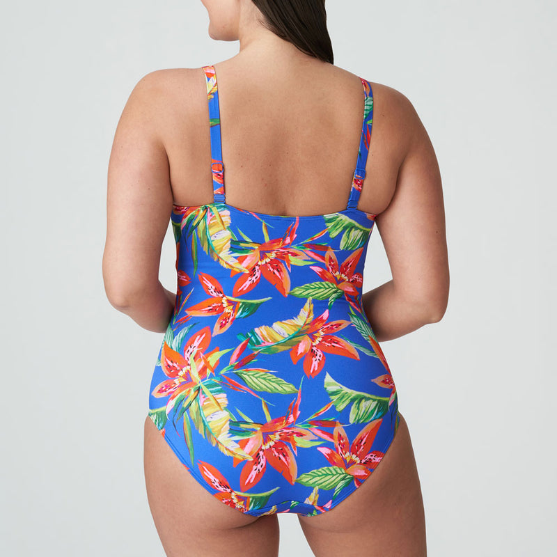 Model wearing 'Latakia' Full Cup Control Swimsuit (Multicolour), by PrimaDonna (back view).