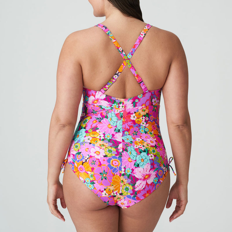 MModel wearing 'Najac' Plunge Swimsuit (Multicolour), by PrimaDonna (back view with crossover straps).