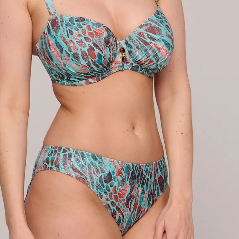 Model wearing 'Riyad' Multicolour Full Cup Bikini Set, by PrimaDonna (front view, close-up).