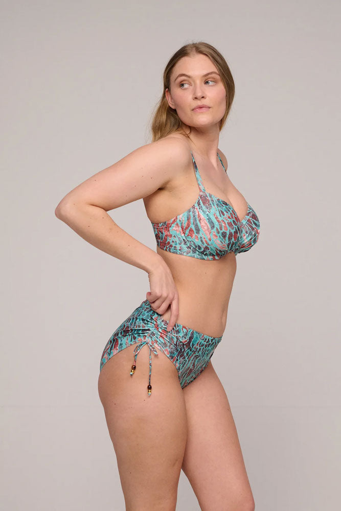 Model wearing 'Riyad' Multicolour Full Cup Bikini Set, by PrimaDonna (side view).