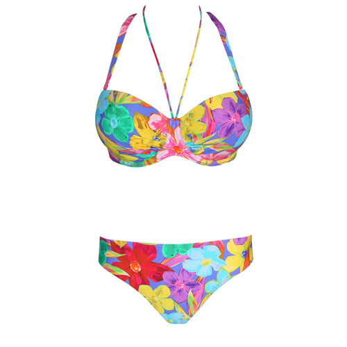 'Sazan' Bikini Set with Padded Top and Rio Brief in Blue Bloom (Multicolour), by PrimaDonna (pack shot, front view with halterneck and neck strap)