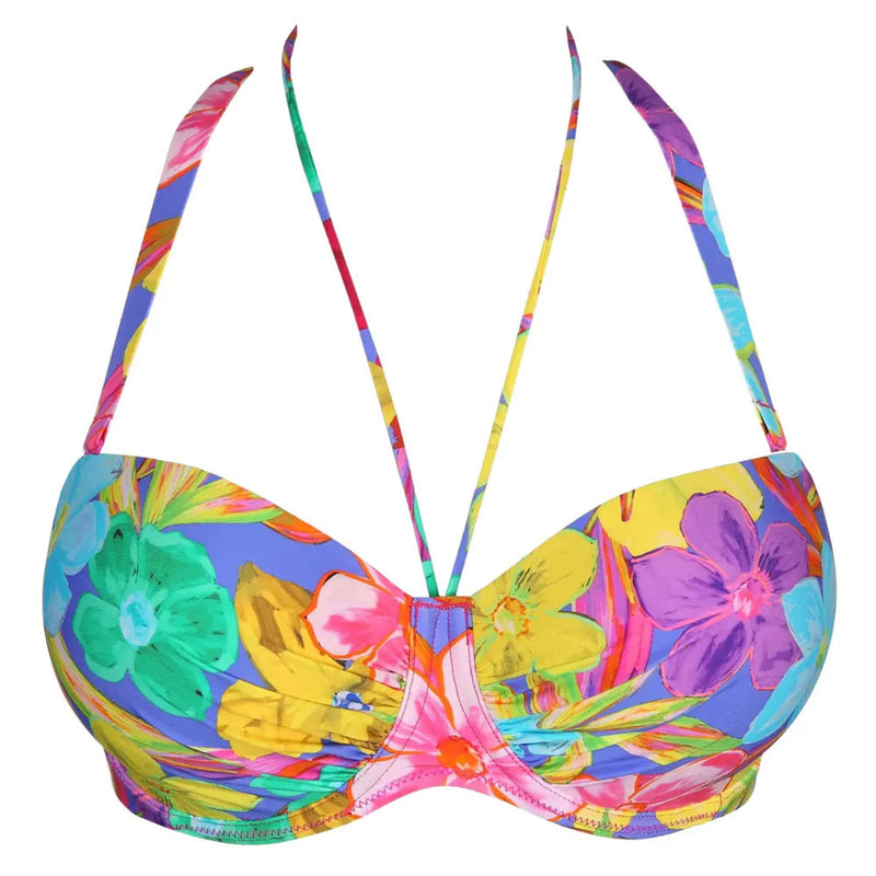 'Sazan' Bikini Top in Blue Bloom (Multicolour), by PrimaDonna (pack shot, front view with halterneck and neck strap)