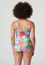 Model wearing 'Sazan' Full Cup Control Swimsuit in Blue Bloom (Multicolour), by PrimaDonna (back view).