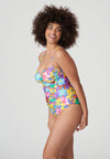 Model wearing 'Sazan' Full Cup Control Swimsuit in Blue Bloom (Multicolour), by PrimaDonna (side view).