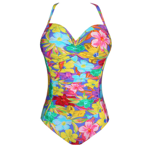 'Sazan' Full Cup Control Swimsuit in Blue Bloom (Multicolour), by PrimaDonna (pack shot, front view with halterneck).