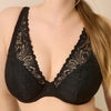 Model wearing 'Rupi' Black Half Padded Plunge Bra, by PrimaDonna Twist (front view, close up).