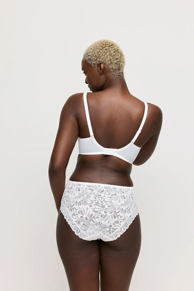 Model wearing 'Rupi' White Full Brief, by PrimaDonna Twist (back view).