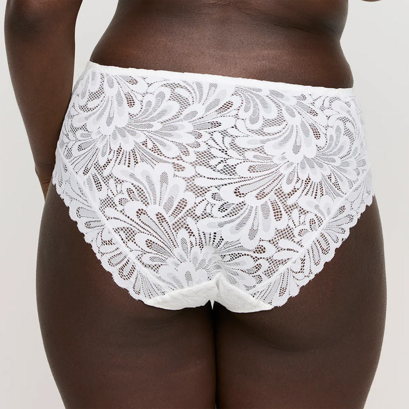 Model wearing 'Rupi' White Full Brief, by PrimaDonna Twist (back view, close up).