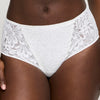 Model wearing 'Rupi' White Full Brief, by PrimaDonna Twist (front view, close up).