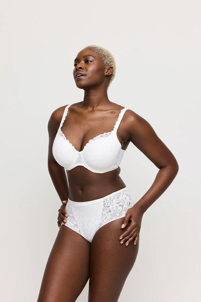 Model wearing 'Rupi' White Full Brief, by PrimaDonna Twist (front view).