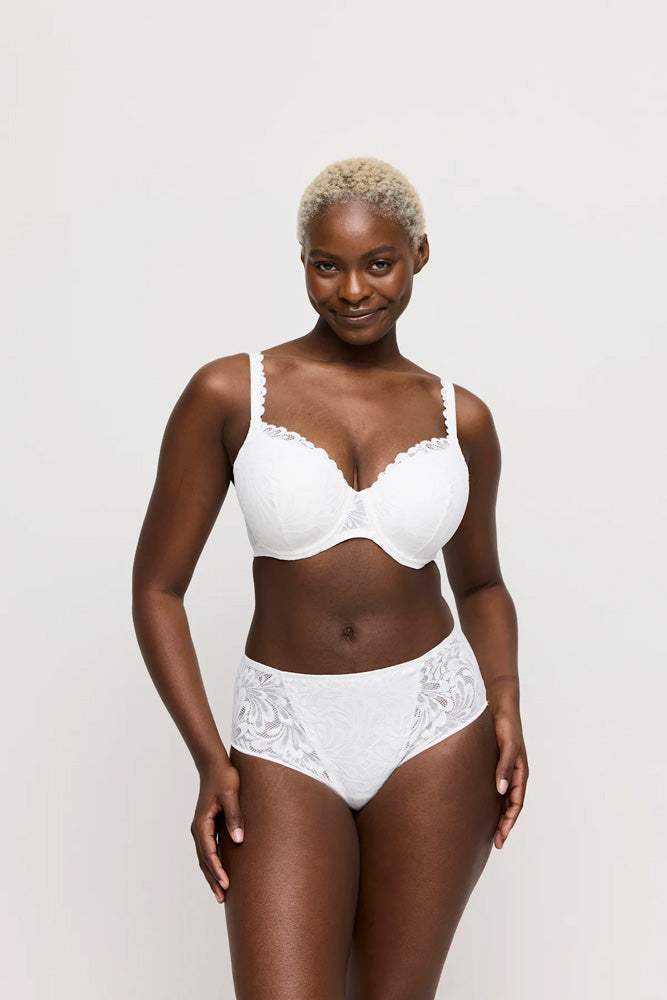 Model wearing 'Rupi' White Full Brief, by PrimaDonna Twist (front view).