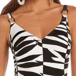 Model wearing 'Astor' Black and White Swimsuit, by Roidal (close-up).