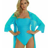 Model wearing 'Linda' halterneck swimsuit in Turquoise, by Roidal.