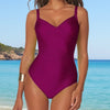 Model wearing Ceylan Touch 'Garli' Deep Plum Swimsuit, by Roidal (front view, close up).