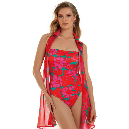 Model wearing Floreale collection 'Acapulco' Bandeau Swimsuit in Crimson, by Roidal.