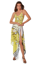 Model wearing Roidal Miranda collection 'Fara' Yellow Pareo as a sarong.