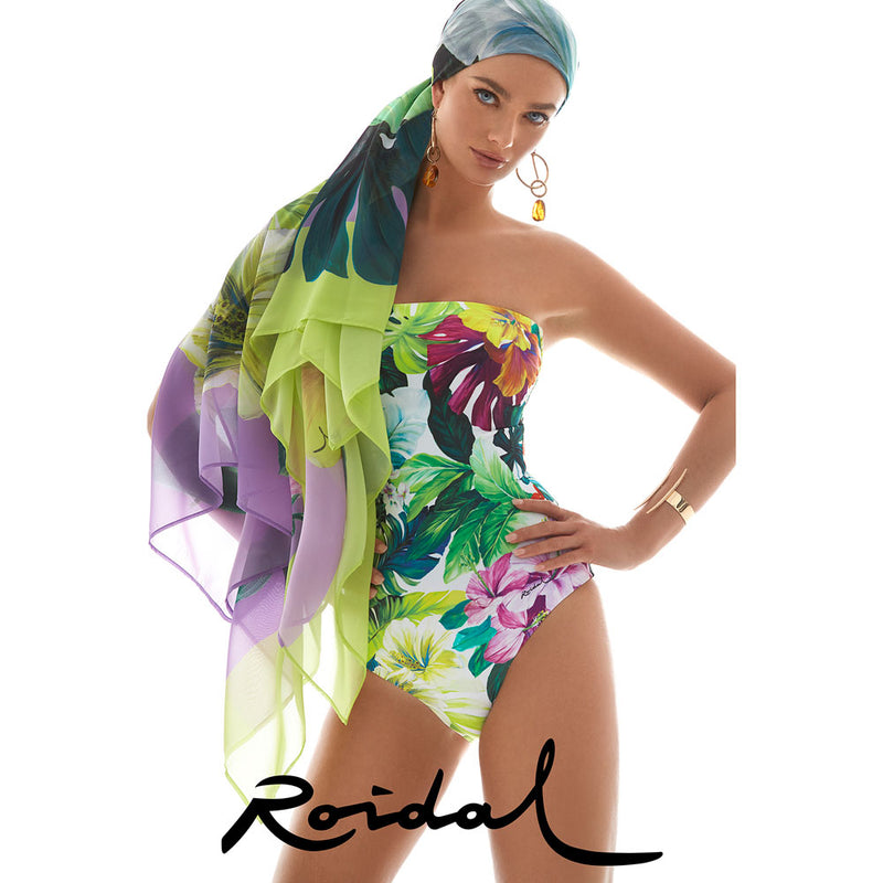 Model wearing Roidal Tropic collection 'Bahia' Swimsuit (Multicolour)