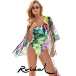 Model wearing Roidal Tropic collection 'Ocean' Soft Cup Crossover Swimsuit (Multicolour)