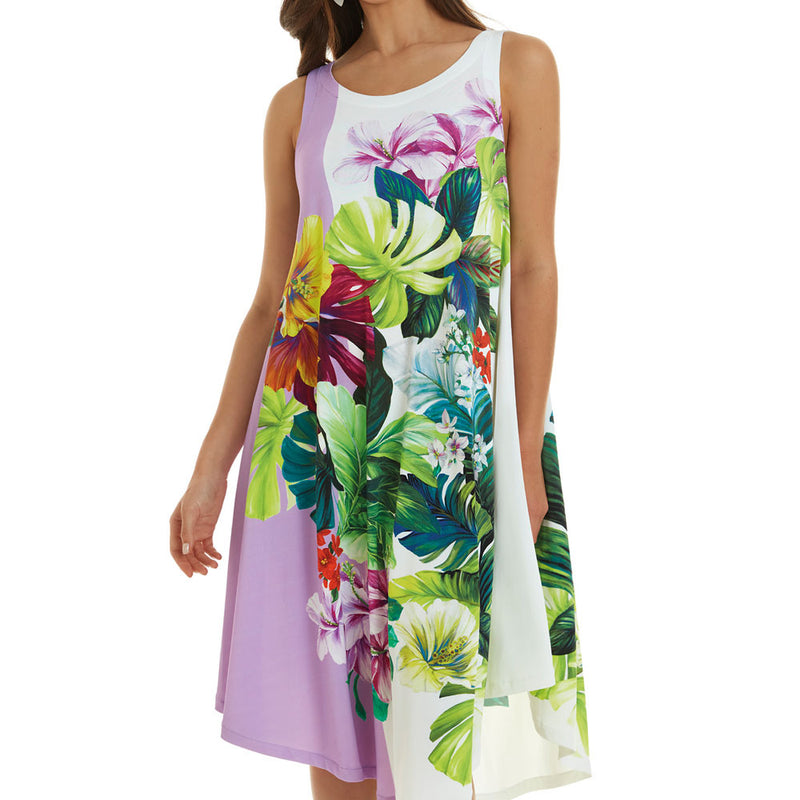 Model wearing Roidal Tropic collection 'Alibi' Swing Dress (Multicolour)