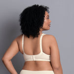 Model wearing Rosa Faia 'Twin' Ivory Wire-Free Full Cup Soft Bra (back view).