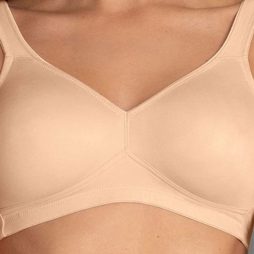 Model wearing Rosa Faia 'Twin' Wire-Free Full Cup Soft Bra in Desert (Sand) - detail.