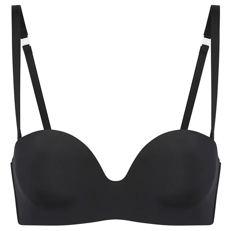 'Essentiel' Black Multi-Position Strapless Bra, by Simone Pérèle (pack shot, front view).