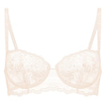 Model wearing S'Intrigue' Pink Half Cup Bra, by imone Pérèle (pack shot, front view).