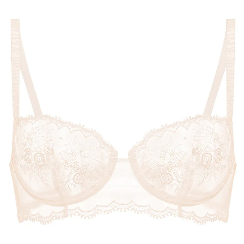 Model wearing S'Intrigue' Pink Half Cup Bra, by imone Pérèle (pack shot, front view).