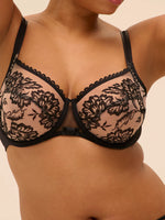 Model wearing 'Romance' Dark Brown Squared Neckline Full Cup Bra, by Simone Pérèle (front view).
