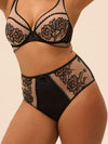 Plus-size model wearing 'Romance' Dark Brown Deep Brief, by Simone Pérèle (front view, close up).