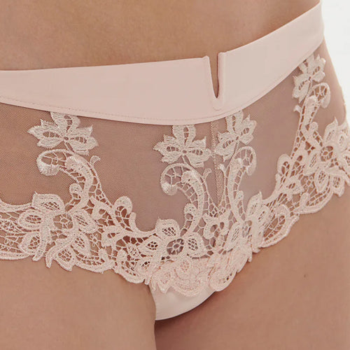 Model wearing 'Saga' Pale Pink Shorty, by Simone Pérèle (front view, close up detail).