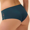 Model wearing 'Saga' Teal Shorty, by Simone Pérèle (back view, close up).