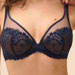 Model wearing 'Wish' Midnight Blue Underwired Full Cup Plunge Bra, by Simone Pérèle (front view, close up).