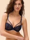 Model wearing 'Wish' Midnight Blue Underwired Full Cup Plunge Bra, by Simone Pérèle (front view).