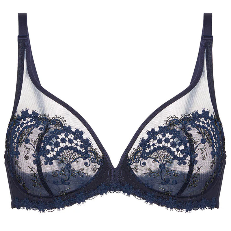 'Wish' Midnight Blue Underwired Full Cup Plunge Bra, by Simone Pérèle (pack shot, front view).