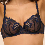 Model wearing 'Wish' Midnight Blue Half Cup Bra, by Simone Pérèle (front view, close up).
