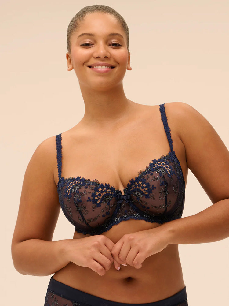 Model wearing 'Wish' Midnight Blue Half Cup Bra, by Simone Pérèle (front view).