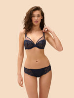 Model wearing 'Wish' Midnight Blue Brief, by Simone Pérèle  (front view).