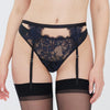 Model wearing 'Entice' Midnight Blue and Black Suspender Belt, by Skarlett Blue (front view, close up).