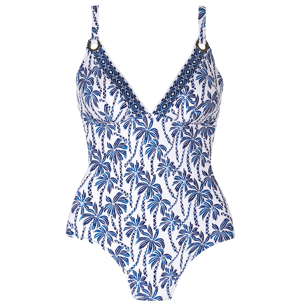 Barth collection 'Cali' Blue-on-White V-Neck Padded Swimsuit, by Tessy (pack shot, front view).